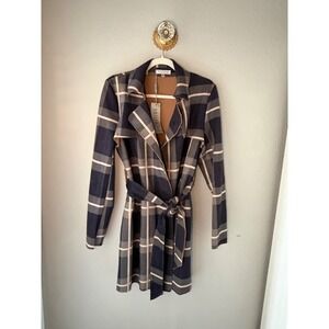 Solitaire by Ravi Khosla Plaid Faux Suede Trench Coat Navy Grey Tan NWT Size S